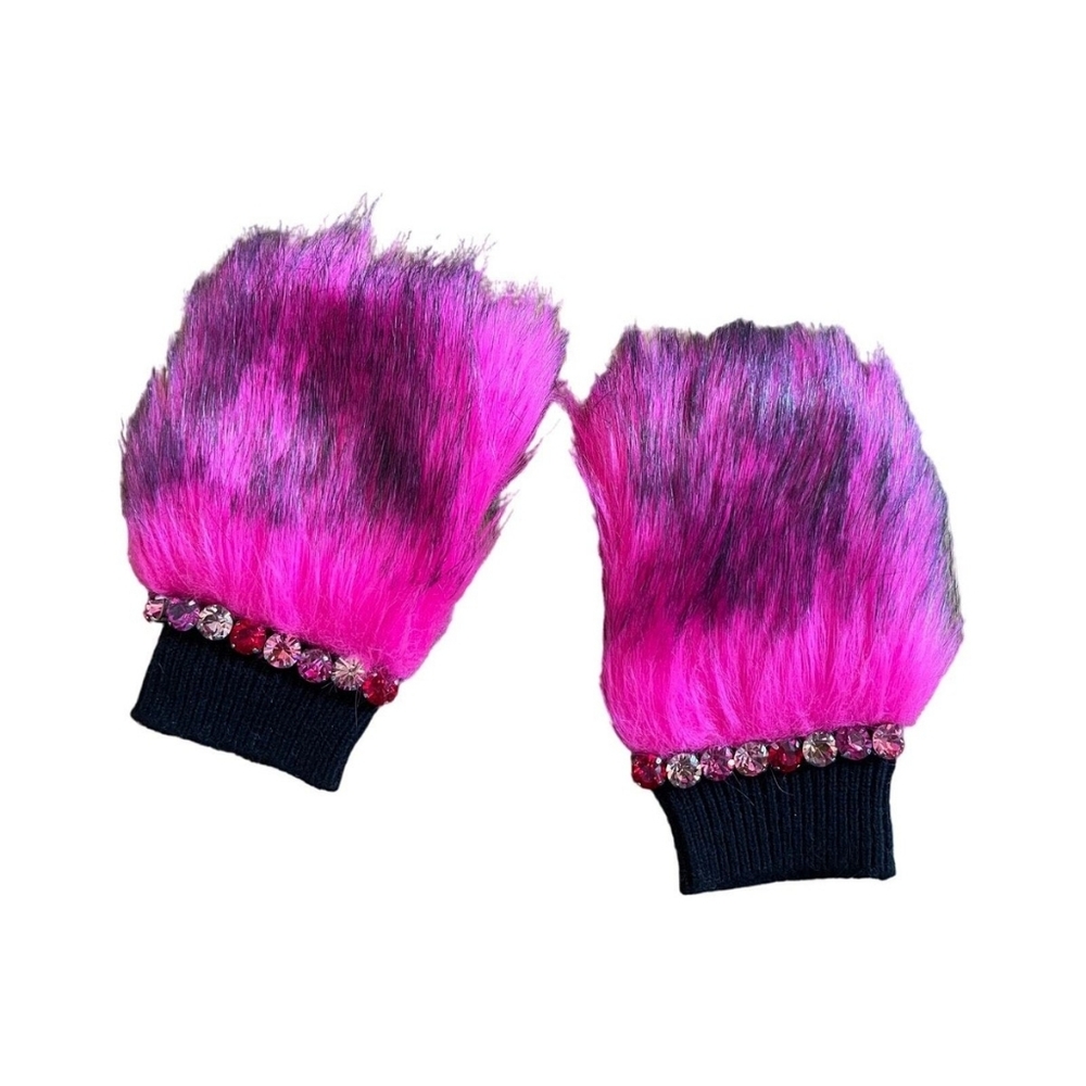 Juicy Couture Real Crystal Pink and Black Fur Gloves